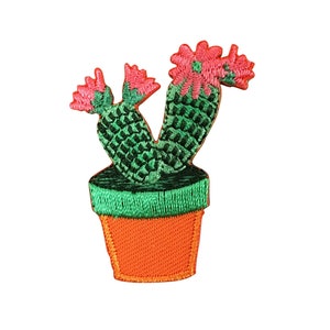 May include: A green cactus with pink flowers in a bright orange pot. The cactus is embroidered and has a 3D effect.