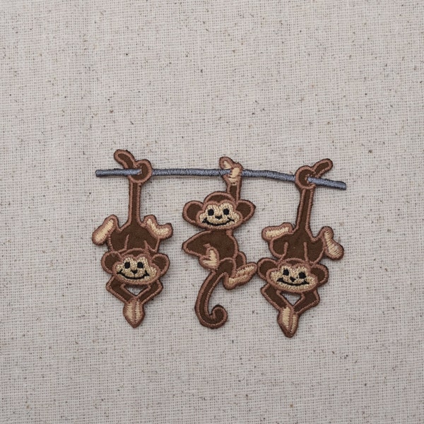 Three Monkeys - Hanging Around on a Branch - Iron on Applique - Embroidered Patch - 632281-C