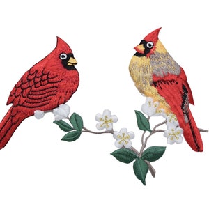 Cardinal Couple, Red Birds, Sitting on Branch, Iron on Patch