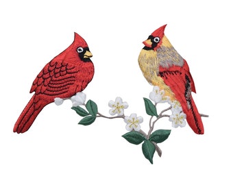 Cardinal Couple - Red Birds - Sitting on Branch - White Flower Blossoms Embroidered Iron on Patch