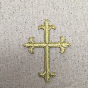 Fleur De Lis - Religiöses Kreuz - Gold - 4 "- Aufnäher zum Aufbügeln - WA023