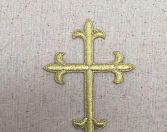 Fleur De Lis - Religious Cross - Gold - 4" - Embroidered Patch - Iron on Applique - WA023
