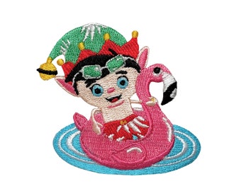 Swimming Elf - Pink Flamingo Float Tube - Floatie - Christmas Beach Vacation - Iron on Applique - Embroidered Patch