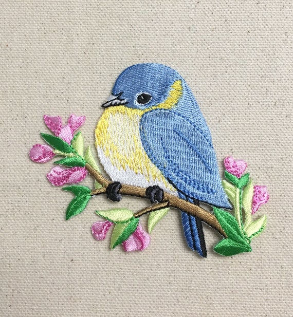 Iron on Blue Bird with Pink Flower Patch Iron on Blue Bird with Pink Flower Patch