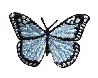 Small Butterfly - Light Blue/Black - Iron on Applique - Embroidered Patch