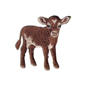 May include: An embroidered iron-on patch featuring a brown calf with white markings on its flank and forehead. The calf is standing in profile, facing forward with large dark eyes, pointed ears, and a textured thread finish.