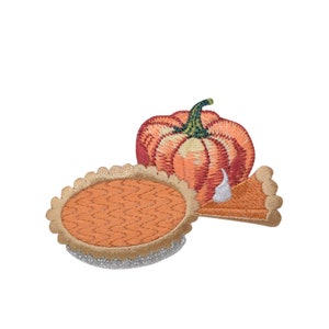 May include: Embroidered patch featuring a pumpkin and a slice of pumpkin pie. The pumpkin is orange with a green stem and the pie is brown with a golden crust.