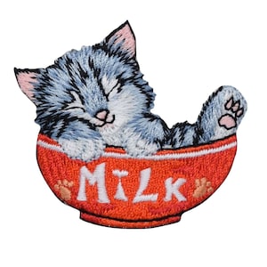 Cat in Red Milk Bowl Embroidered Iron on Patch