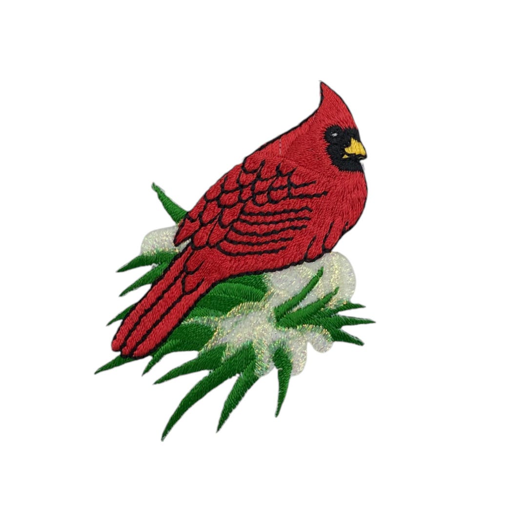 Red Cardinal Sitting on Snowy Branch, Birds, Embroidered, Iron on Patch ...