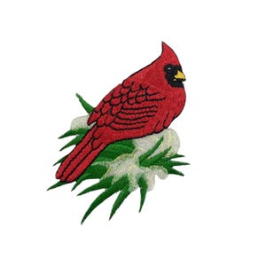 Red Cardinal sitting on Snowy Branch, Birds, Embroidered, Iron on Patch