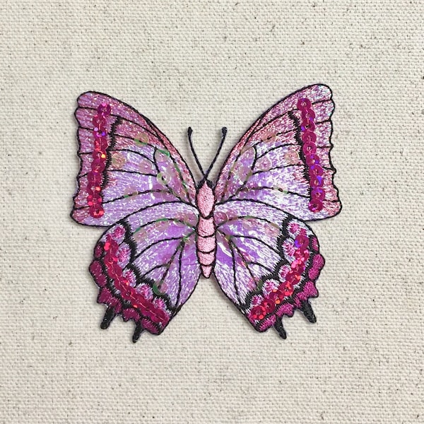 Large - Butterfly - Fuchsia Pink Sequin - Iron on Applique - Embroidered Patch - 155828-F