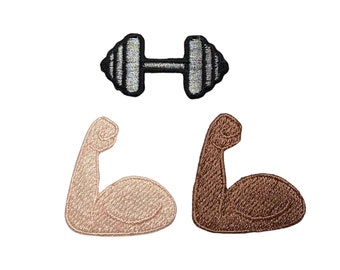 Flexed Arm & Dumbbell Iron-On Patch: Embroidered Biceps Muscle Design for Fitness Enthusiasts