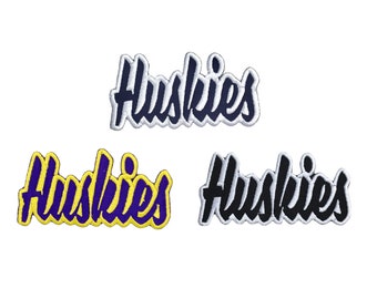 Parche escolar bordado de los Huskies, con el nombre del equipo y la mascota deportiva. Parche termoadhesivo.