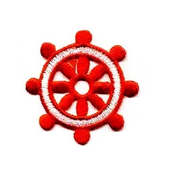 Iron On Applique Embroidered Patch Red and White Nautical Boat Ships Wheel