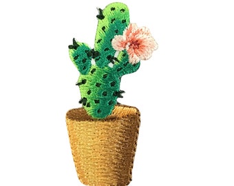 Potted Cactus Plant, Pink Flowers, Embroidered, Iron on Patch