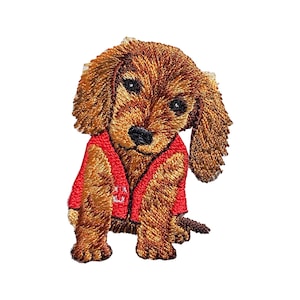 May include: Embroidered patch of a brown and white puppy wearing a red vest with an anchor design. The puppy is sitting with its head tilted to the side.
