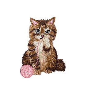 Brown Cat, Playing Pink Yarn Ball, Pets, Kitten, Embroidered, Iron on Patch