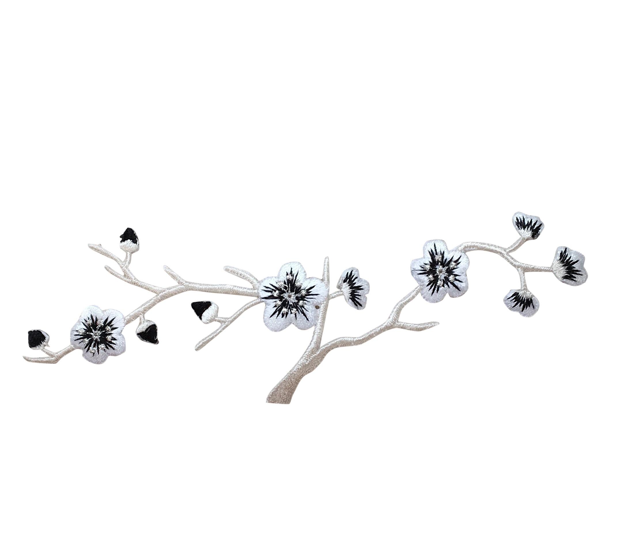 Cherry Blossom - White/black/silver Flowers - Cream Stem - LARGE