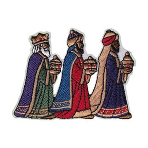 May include: An embroidered patch depicting the Three Wise Men in profile, each wearing ornate robes in shades of purple, green, red, and blue, with head coverings and crowns, carrying small golden vessels with colorful accents in their hands.