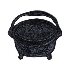 鋳鉄製ダッチオーブン刺繍アイロン接着パッチ、ヴィンテージ調理鍋アップリケ、農家風キッチンパッチ、ホームステッド調理器具