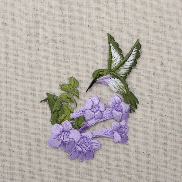 Large - Purple Hummingbird - Lavender Flowers - Iron on Applique - Embroidered Patch - 694553-AL