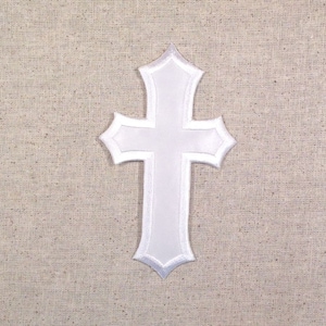 Ornate Pointed White Cross - 3 x 5 INCH - Iron on Applique - Embroidered Patch -