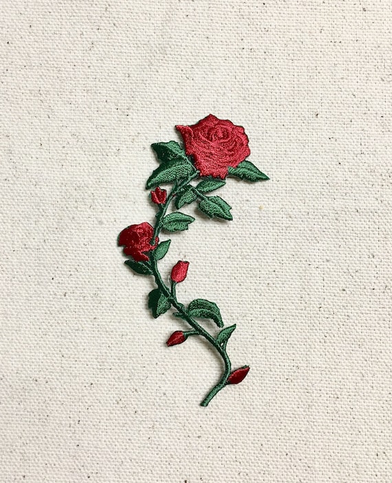 Set 2 Small 3-1//2 Red Rose Stem//Flower Iron on Applique//Embroidered Patch