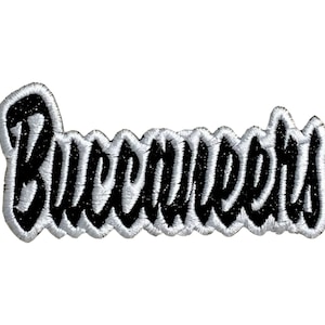 May include: Black and white embroidered patch with the word "Buccaneers" in a stylized font.