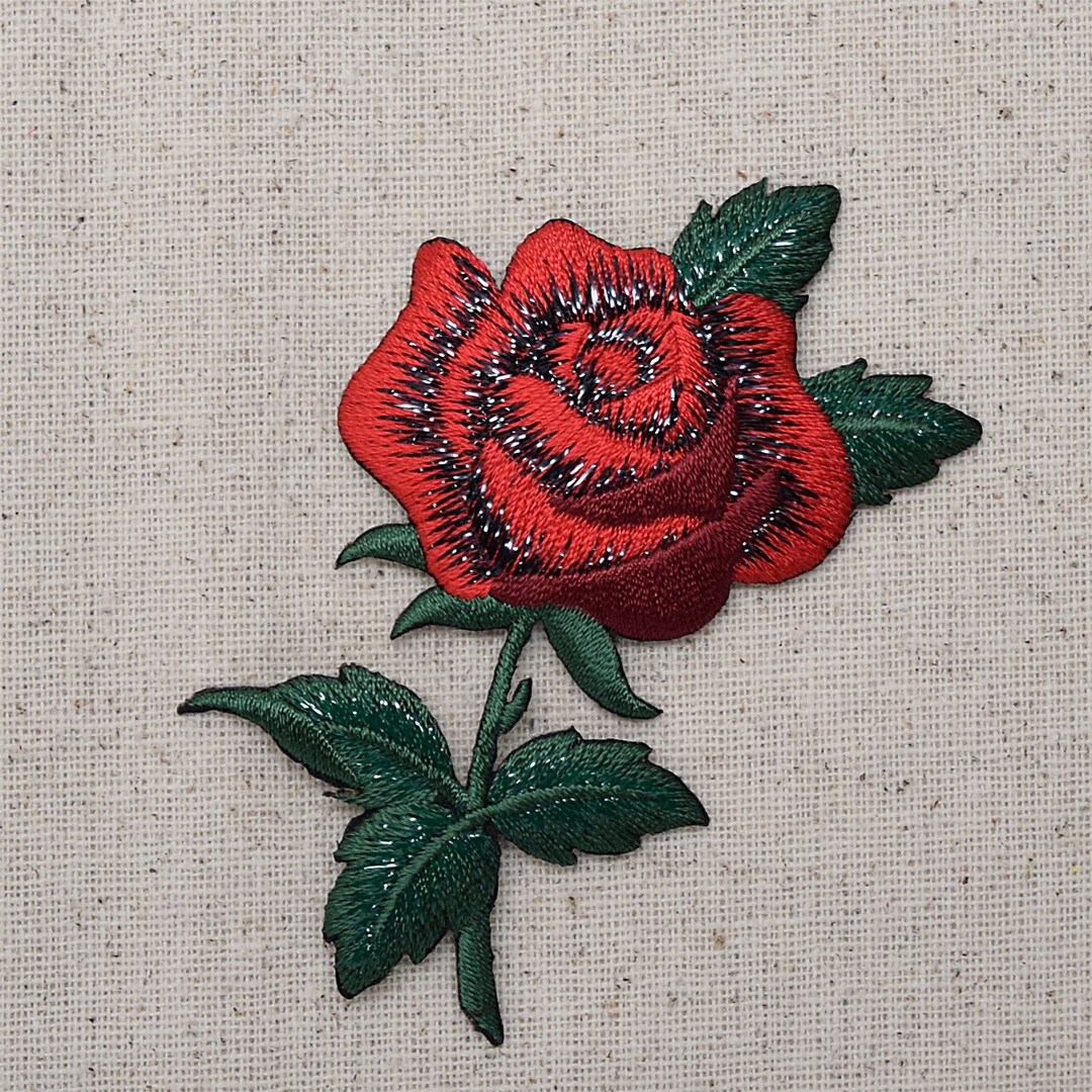 Red Rose Open Petals and Stem Flower Iron on Applique Embroidered Patch