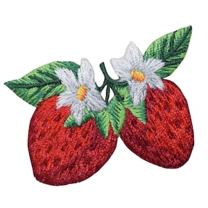 May include: Two embroidered red strawberries with green leaves and white flowers.
