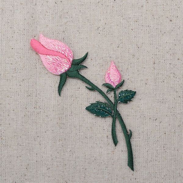 Pink Rose -  Closed Buds on Stem - Flower - Iron on Applique - Embroidered Patch - 153110I