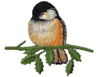 Chickadee Bird, Sitting on Branch, Embroidered, Iron on Patch