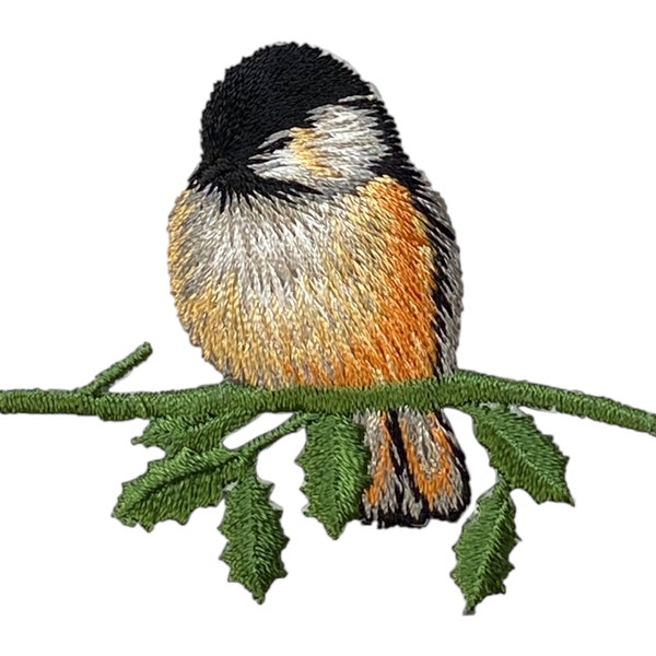 Chickadee Bird, Sitting on Branch, Embroidered, Iron on Patch