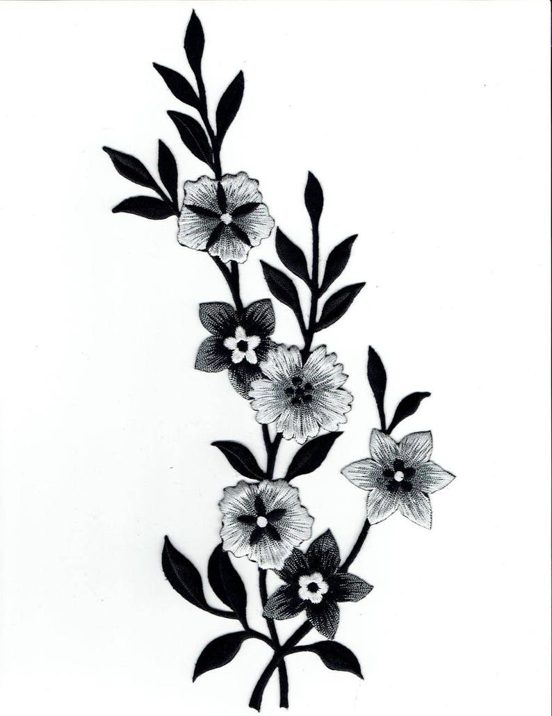 Large Flowers, Black, White, Silver, Embroidered, Iron on Patch Right Side