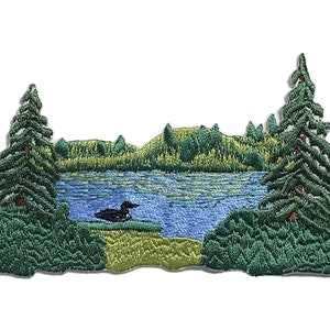 Lake Scene with Loon and Forest Embroidered Iron on Patch