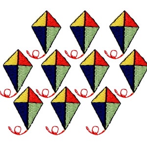 May include: Ten colorful kite-shaped patches with red, yellow, blue, and green colors. The patches are arranged in a diamond shape.