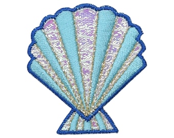 Seashell Blue Iridescent Shimmery Sea Shell Beach Coastal Iron on Embroidered Patch