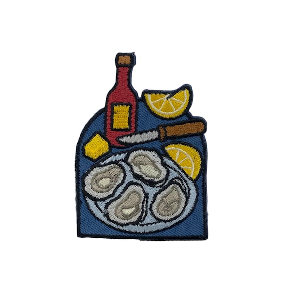 Oyster Platter Iron On Patch – Seafood Tray Clam Applique with Lemon and Hot Sauce