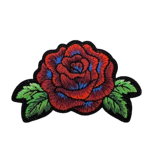 Red Rose with Blue Accents Embroidered Iron on Patch