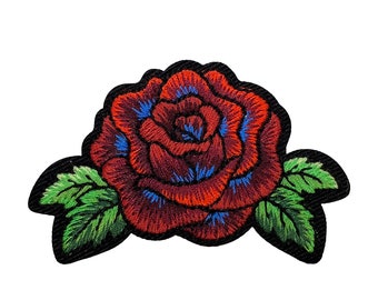 Red Rose with Blue Accents Embroidered Iron on Patch