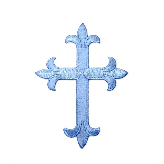4 Cross, Fleur de Lis, Religious, Embroidered, Iron-On Patch (White)