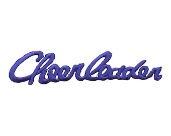 May include: Purple embroidered patch with the word "Cheerleader" in a cursive font.