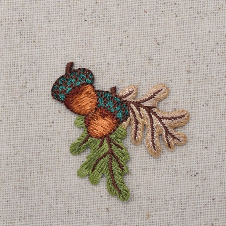 Two Acorns Brown and Green Fall Leaves Iron on Applique Embroidered Patch 1511941A image 1