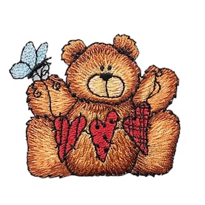 May include: Embroidered patch of a brown teddy bear holding a red heart and a blue butterfly.