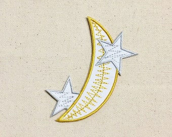 Large Crescent Moon - Two Stars - Gold and Silver - Celestial - Iron on Applique - Embroidered Patch - WAC11217