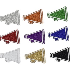Glitter Cheer Megaphone, 2&quot;, 3&quot;, 4&quot;, 5&quot;, Embroidered, Iron on Patch