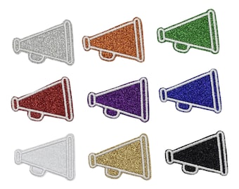 Glitter Cheer Megaphone, 2&quot;, 3&quot;, 4&quot;, 5&quot;, Embroidered, Iron on Patch