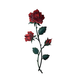 Large - Red Rose - Open Petals on Long Stem - Flowers - Iron on Applique - Embroidered Patch - 153108-A