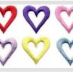 May include: Six embroidered iron-on patches in the shape of hearts. The hearts are in the colors red, purple, pink, lavender, yellow, and blue.