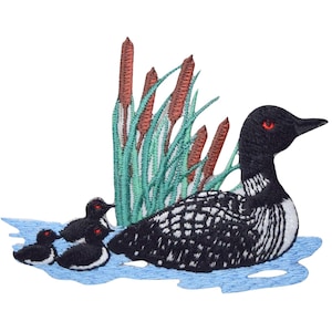 Loon with Baby Chicks - Cattails - in Water - Iron on Applique - Embroidered Patch - Birds - 694796-A